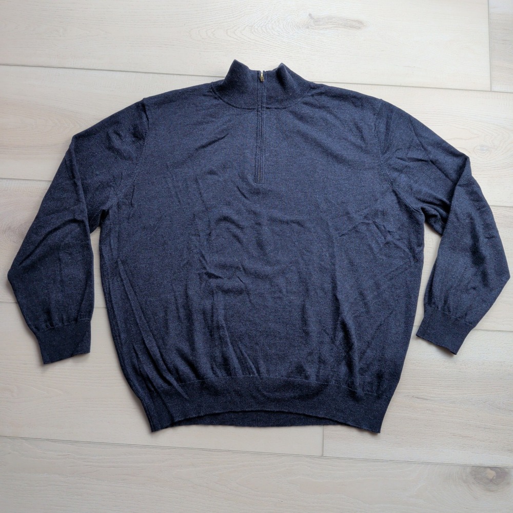 Ash & Erie Merino Wool Blend Quarter Zip Sweater Mens Large Navy Blue Mock Neck